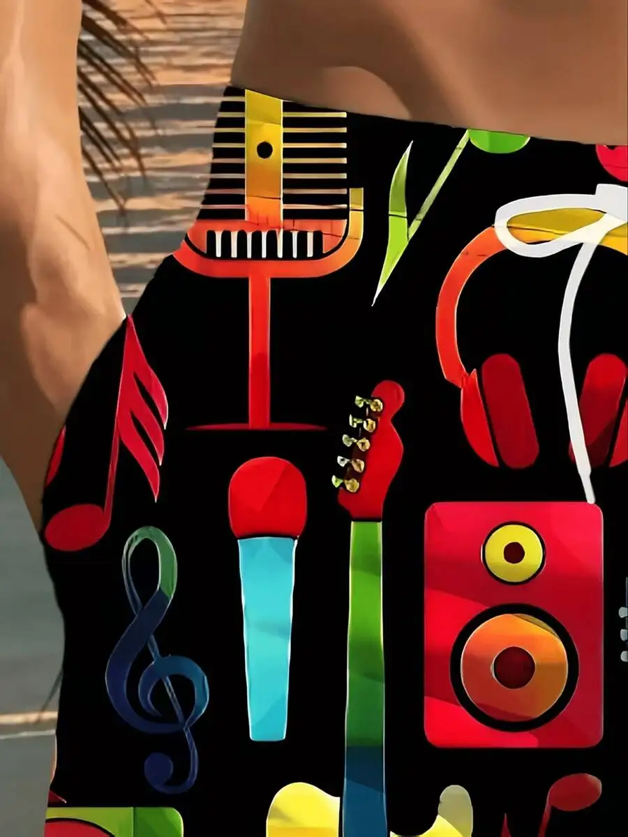 

Mens Plus Size 3D Printed Music Theme Beach Shorts - Lightweight Polyester Drawstring Waist Casual Summer Shorts