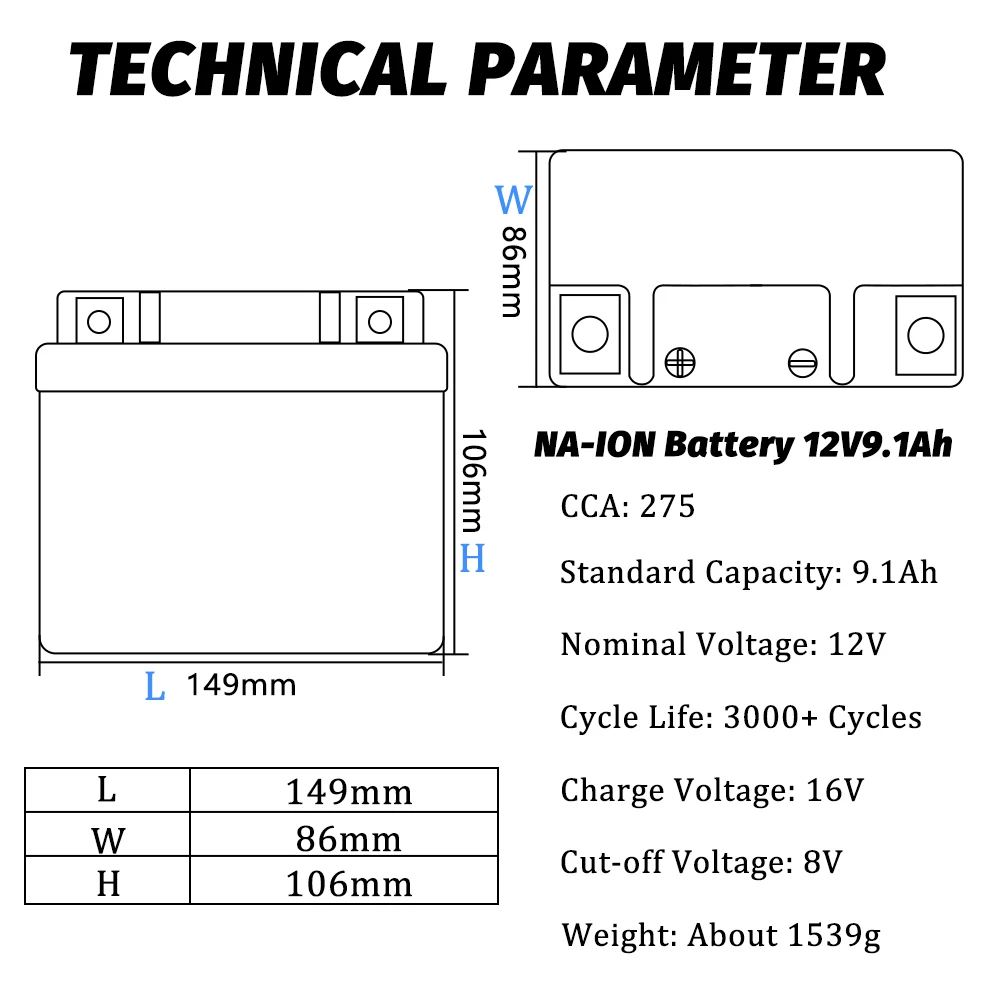 HAKADI 12V 9.1Ah Sodium-ion Rechargeable Battery Pack For Jump Starter Power Supply 275CCA Motor 3000+ Cycle Life