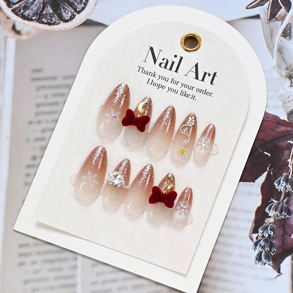 24 pçs glitter em pó francês natal unhas falsas floco de neve amêndoa cobertura completa unhas falsas com bowknot strass imprensa em unhas