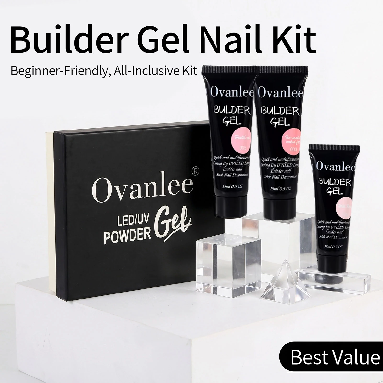 Ovanlee 3-Tube Nail Extension Builder Gel Kit – Complete All-in-One Set with Mini UV/LED Lamp, Nail Prep Dehydrator, Primer Bonder, Top Coat, Dual Forms & Brush for DIY Home Manicure (15ml Each) gallery 2