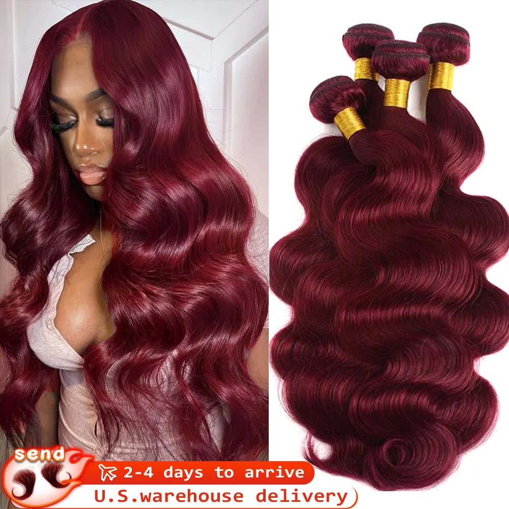 38 40 بوصة 99j بورجوندي الجسم موجة حزم الشعر البشري الملون النبيذ الأحمر 3 4 قطعة 100% غير المجهزة وصلات شعر بشري خام حزم