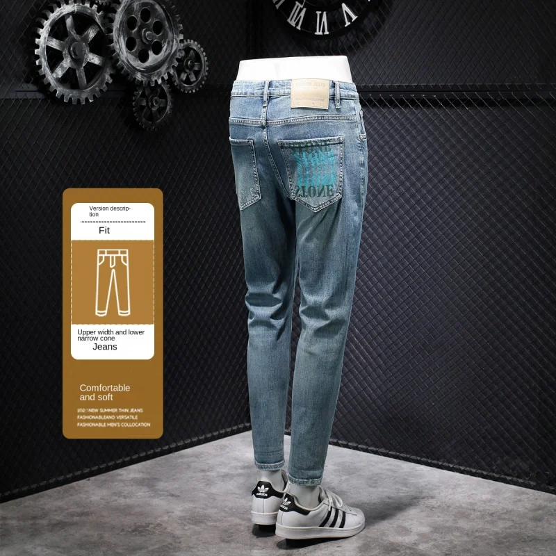 New Style Men'S Jeans For Spring And Summer Are Soft Breathable Retro Trendy Fashionable Printed Elastic Slim Fit Straight