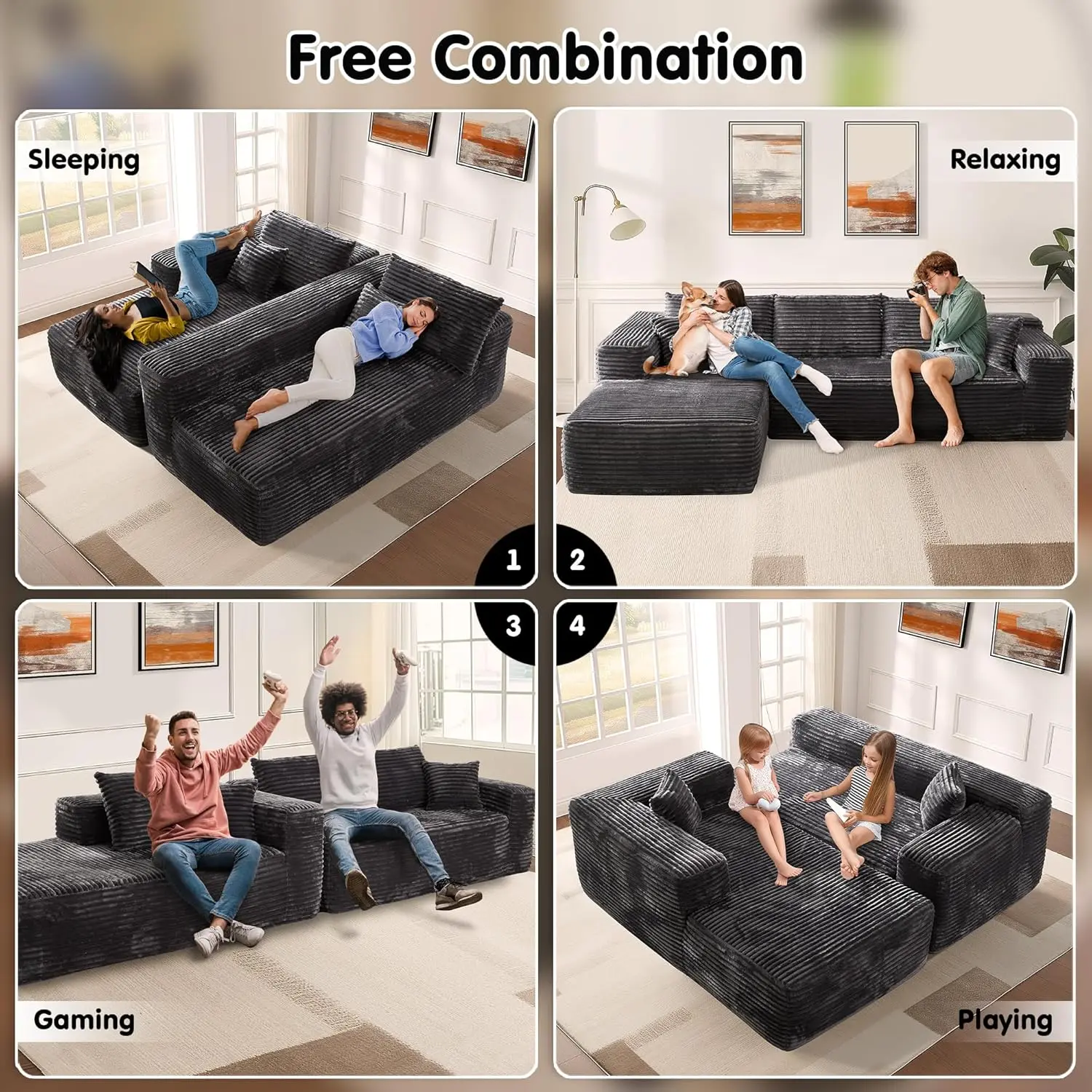 104-Zoll-Cloud-Sofagarnitur mit L-förmiger Chaiselongue, modernes modulares Sofa mit tiefem Sitz, gepolsterte Sofas für Wohnzimmer und Schlafzimmer