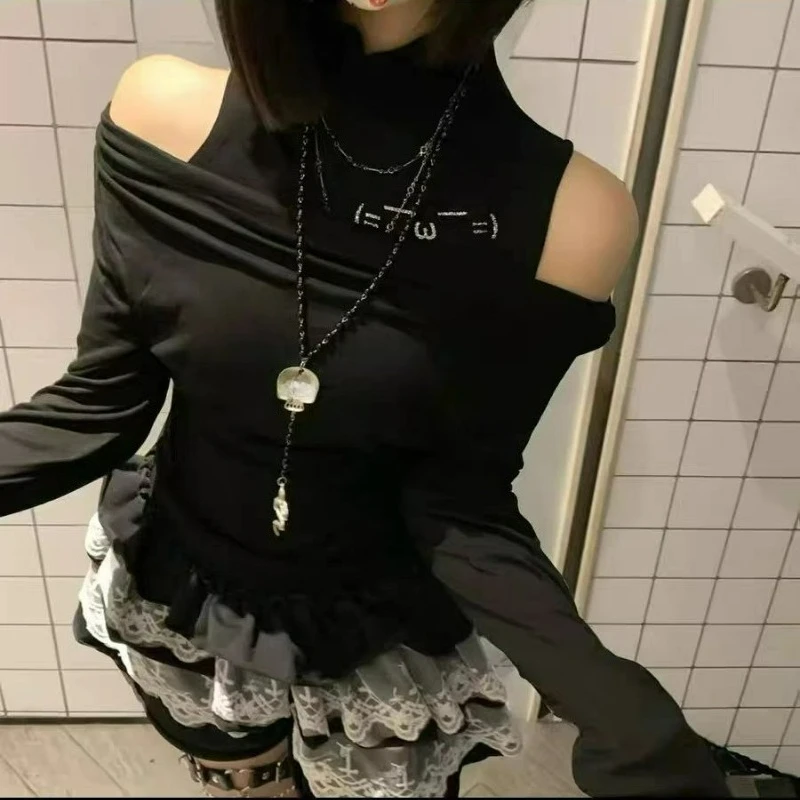 Japanese Gothic Lolita Style 2 Piece Set Women Vintage Off-shoulder Long Sleeves T-shirt Lace Cake Mini Skirt Female Korean Suit view 6