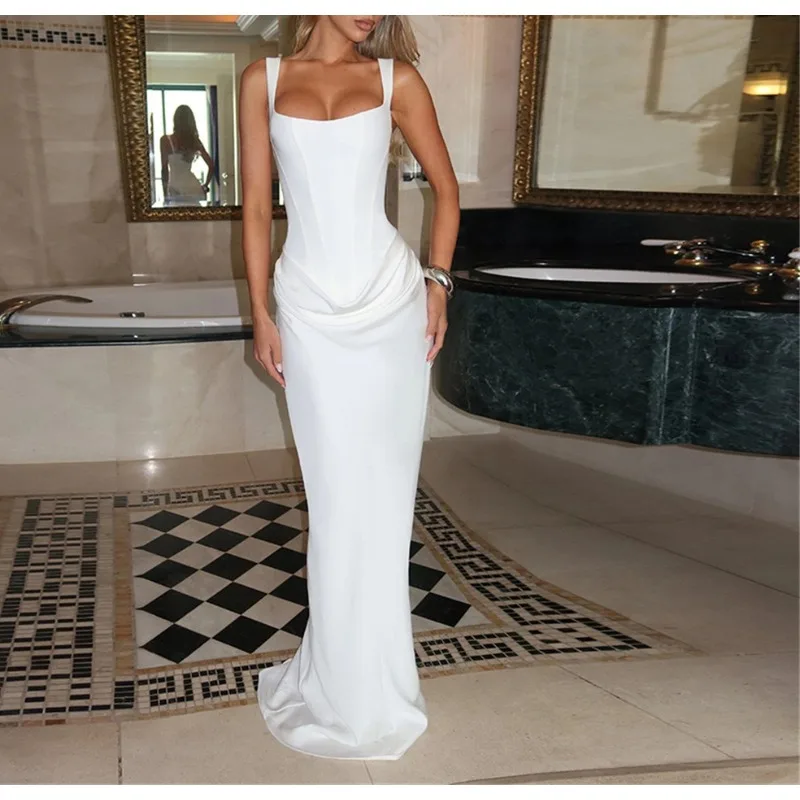 

2026 Fall/Winter New Women's Temperament Solid Color Slim Tunic Waist Open Back Square Neck Camisole Dress for Women