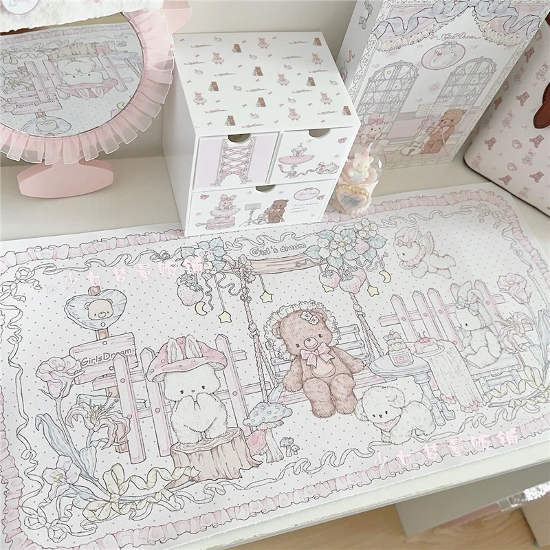 Cute Table Mat Rabbit Bear Table Mat Large Mouse Pad Leather Placemat Coaster Office Desk Waterproof Thickened Tablecloth