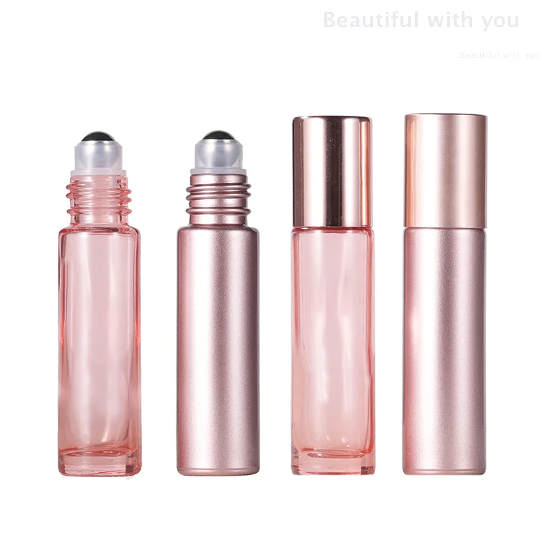 1PCS Glass Roll On Bottle 5/10ml Pink Roller Bottle Essential Oil Lip Gloss Refillable Tube Empty Jar Glass Perfume Bottle