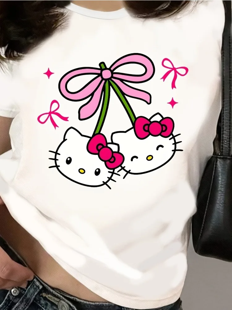 

Sanrio Hello Kitty Women's T-Shirt Spring/Summer Fashion Top Casual Pattern Short Sleeve Cartoon Cute Round Neck Clothing