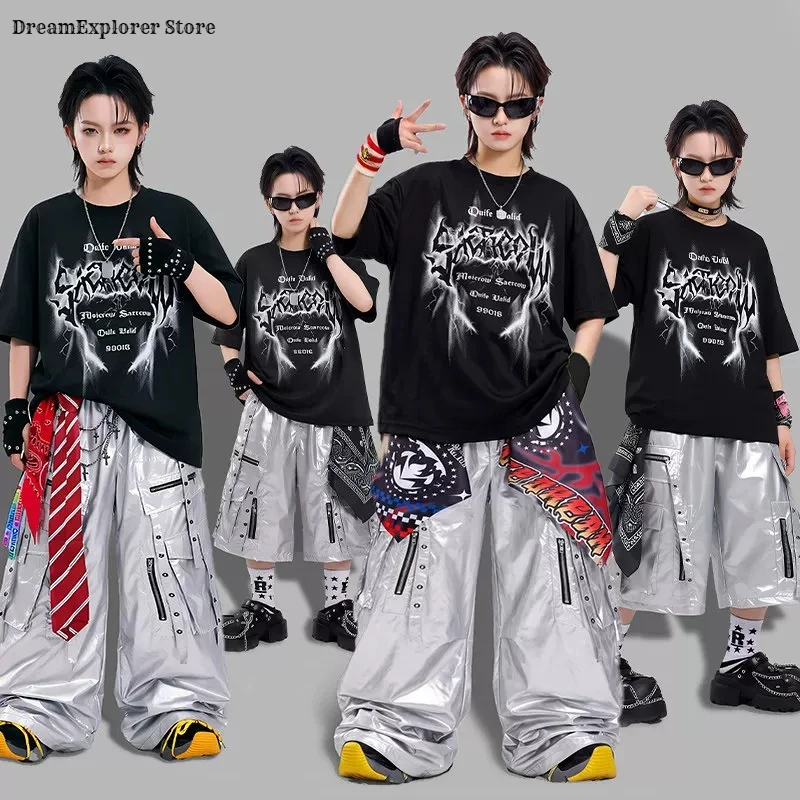 Boys Hip Hop T-shirt Riveted Cargo Pants Silver Shorts Girls K-pop Street Dance Costume Kid Jazz Clothes Set Children Streetwear