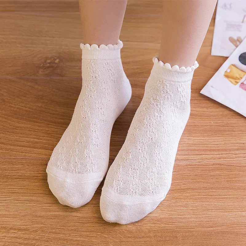 Solid Color White Black Beige Short Socks for Women Girls Lolita Kawaii Cute Ankle Socks Harajuku Summer Mesh Thin Frilly Socks