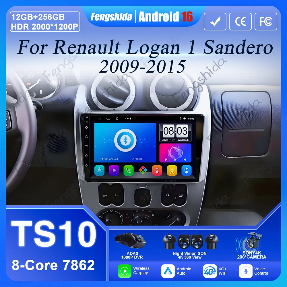 Car Radio Android 16 For Renault Logan 1 Sandero 2009 2010 2011 2012 - 2015 Largus Dacia Duster Multimedia Player Stereo Carplay