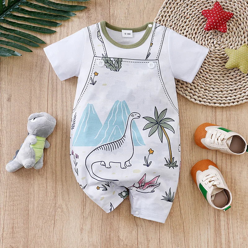 Summer Baby Jumpsuit Cute Cartoon Dinosaur Comfortable Round Neck Short Sleeved Baby Crawling Jacket