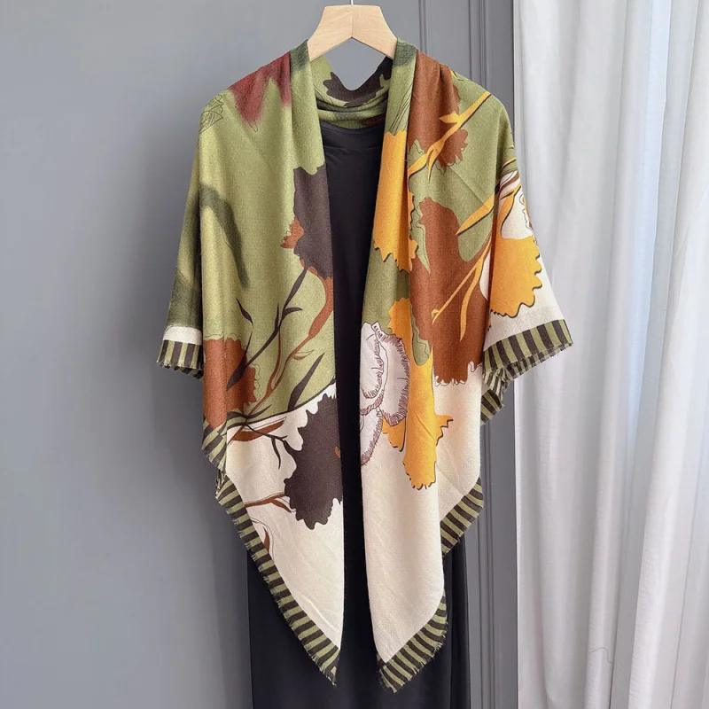 

Spring and Autumn Elegant Colorful Maple Leaf Cotton Linen Square Scarf Women130x130Skin-brightening and soft shawl scarf