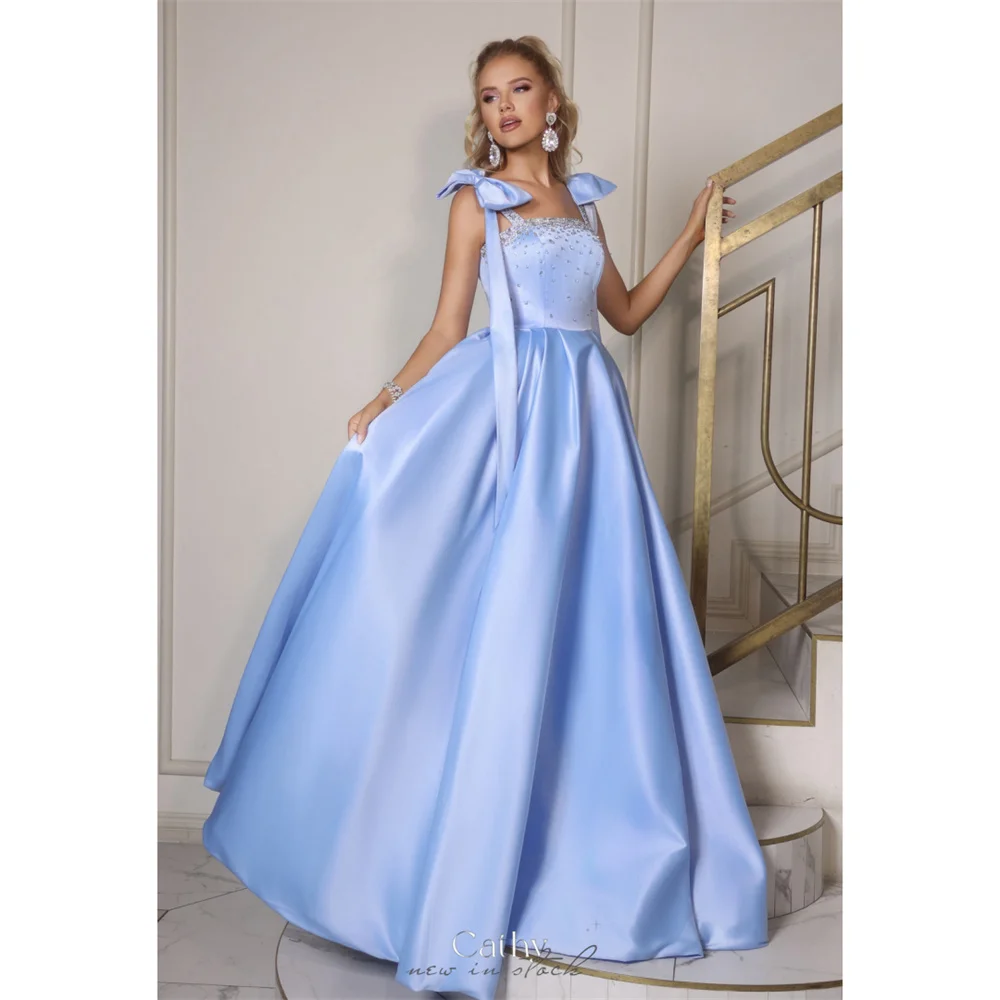 

Cathy Customized Blue Bow Straps Ball Gown Prom Dresses Rhinestones Satin vestidos de noiva Pleated Sleeveless Quinceanera Dres