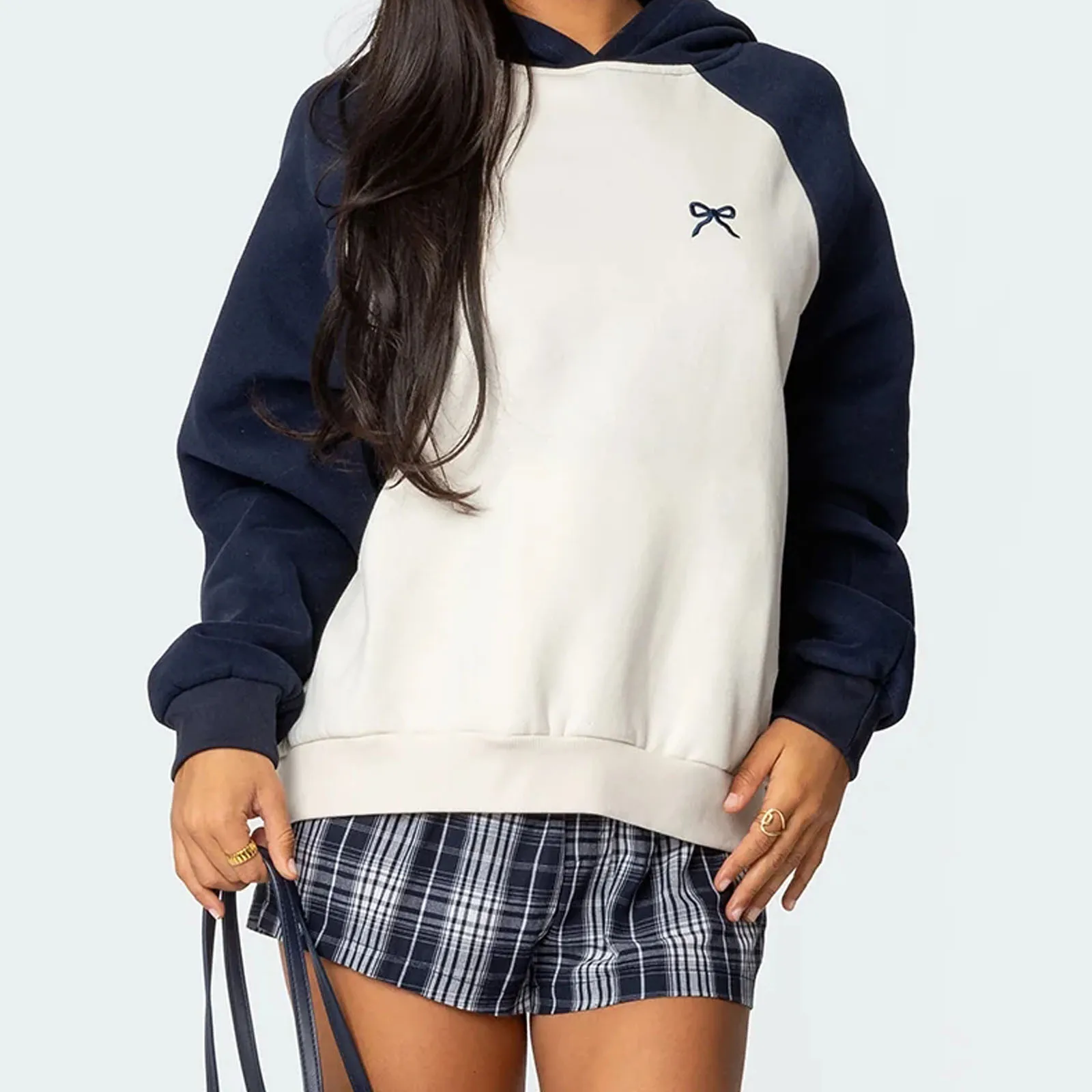 Women's Long Sleeve Contrast Color Raglan Hoodie Spring Fall Casual Hooded Sweatshirts Casual Pullover Tops Female Streetwear