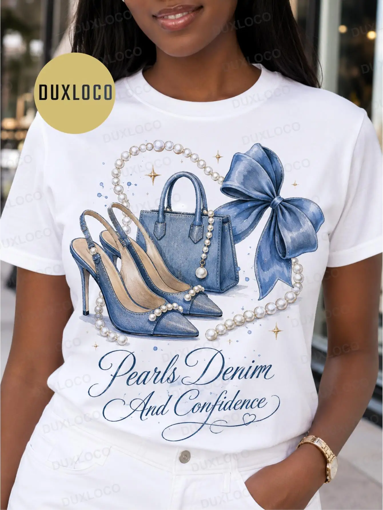 1pc Men'S And Women'S Coquette Denim Pearl Graphic T-Shirt High Heels Handbag Bow Print Y2K Casual Tee 180G 100% Cotton