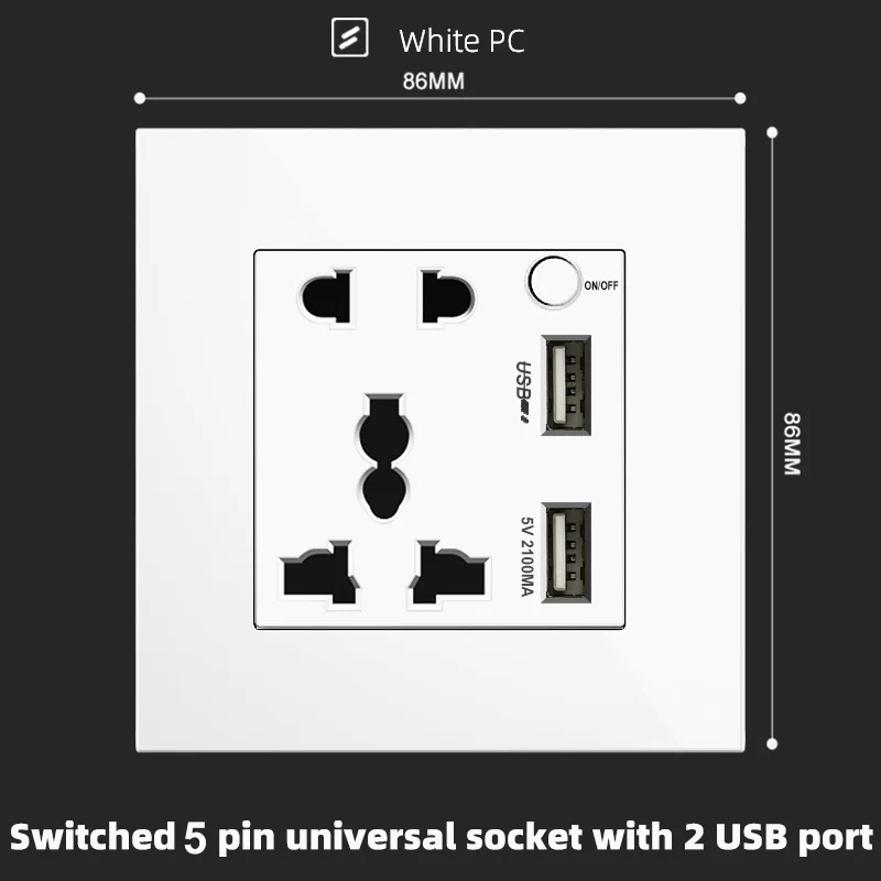 White PC Modular UK Standard Single Twin Socket with USB 3.1A Fast Charge Type C USB Project Use British Standard