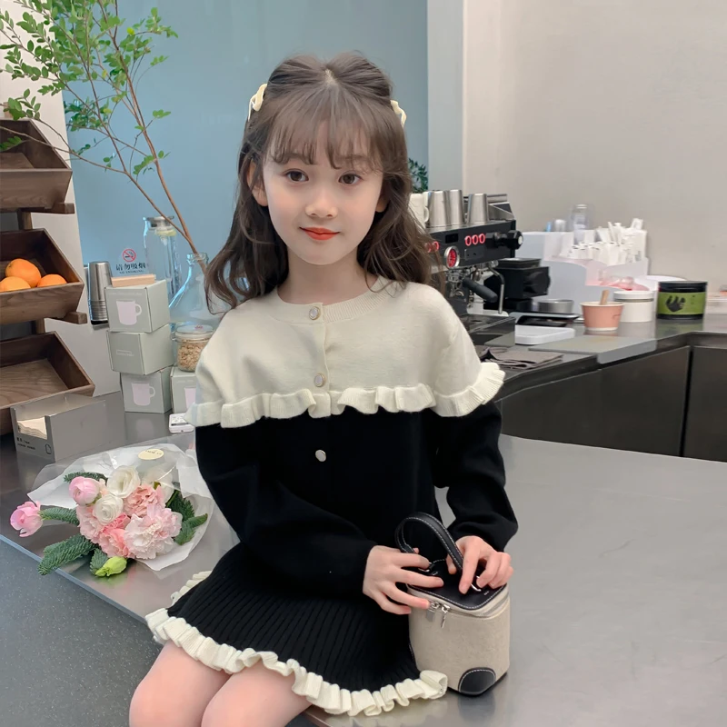 

Children Clothing Set 2pcs Baby Spring Fall Sweet Knitted Jackets Ruffle Dress Girl Clothes Kids Princess Suit TR366