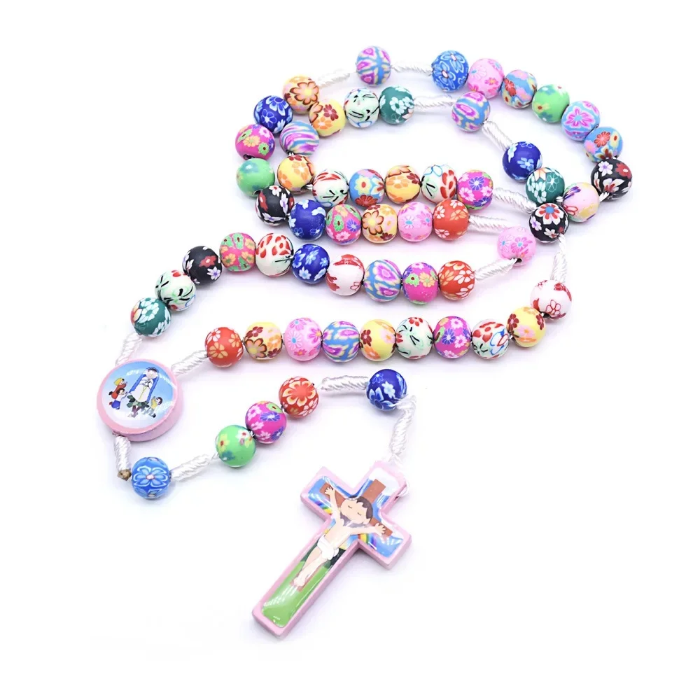 CR032 Colorful Clay Beads Cartoon Children\'s Cross Rosary Necklace Jewelry Catholic Holy Christ Cross Prayer Beads