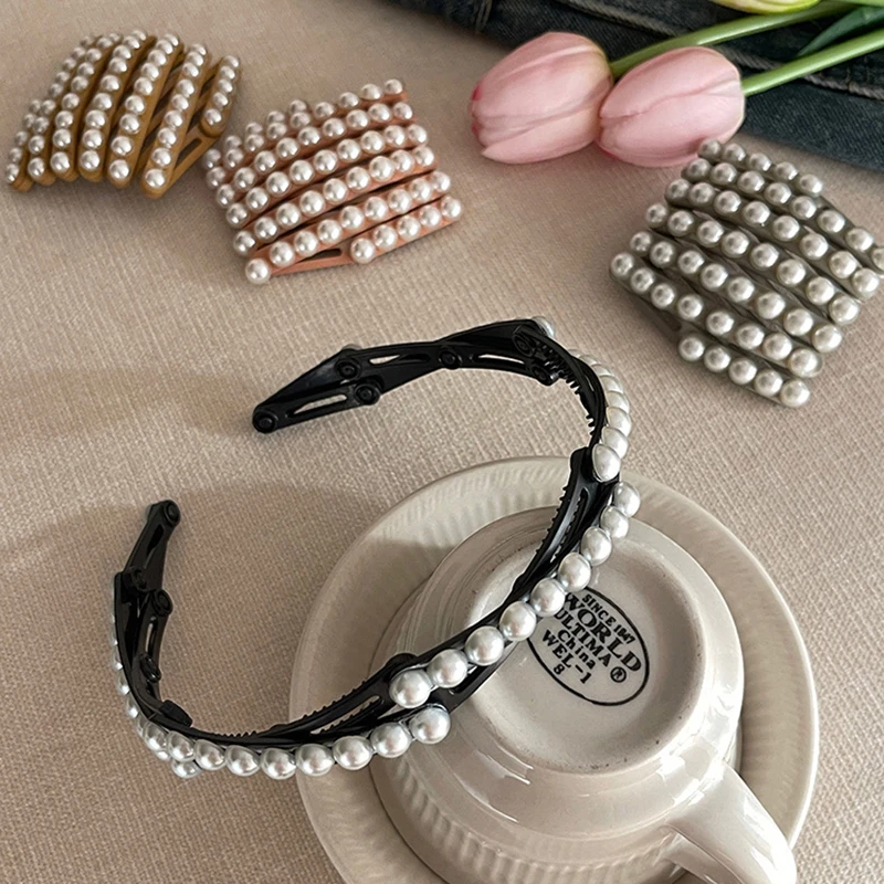 New Foldable and Extendable Pearl Headband Women Travel Portable Storage Face Wash Makeup Non-slip Hair Hoop Hair Accessories