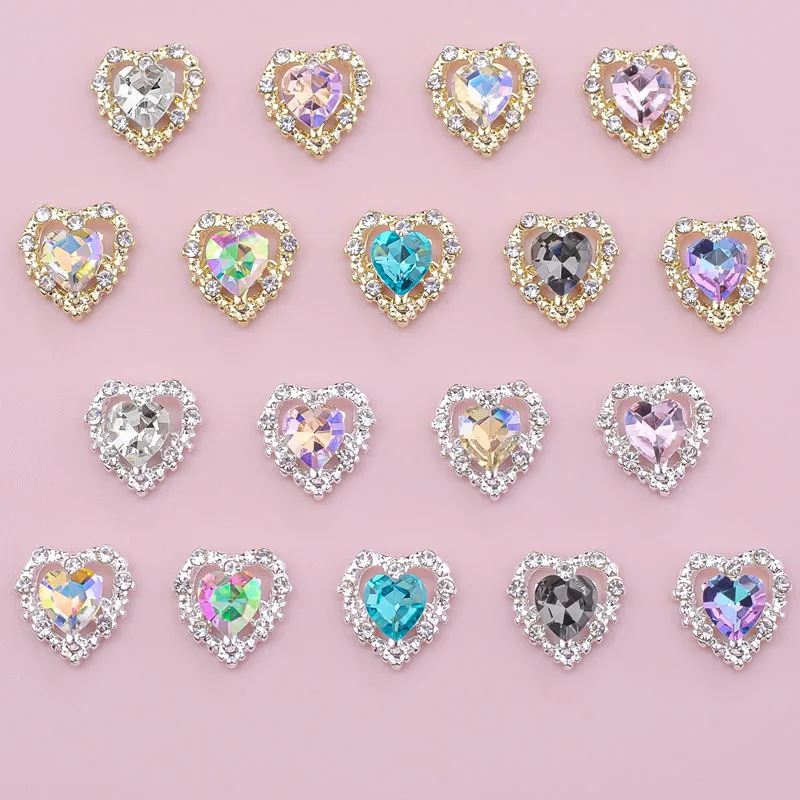 10pcs Crystal AB Nail Charms Parts Gold Silver Heart Shape Sharp Bottom Nail Accessories Nail Art Rhinestone Alloy Jewelry Nails