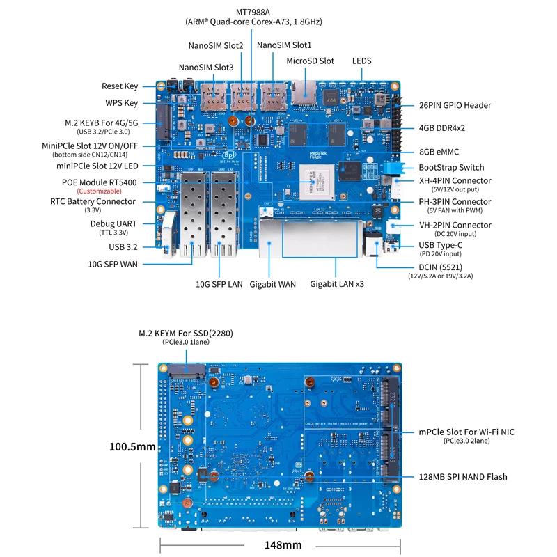 Imagem -04 - Banana Pi-r4 Mediatek Mt7988a Filogic 880 Braço Quad-core Corex-a73 4gb Ddr4 8gb Emmc Openwrt Router Board Metal Case Cooler