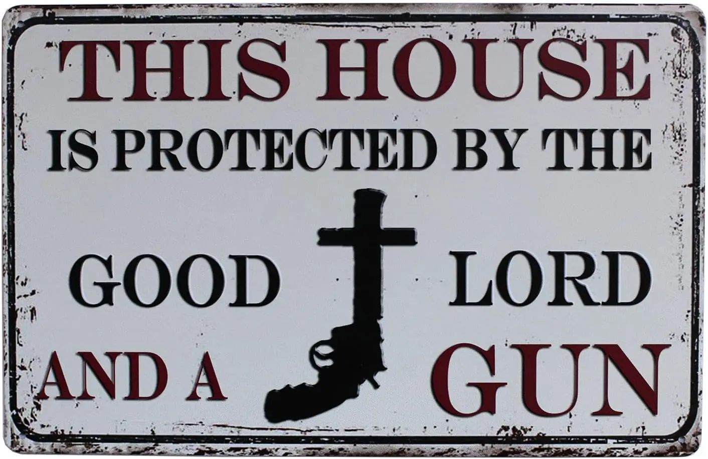 SUMIK This House is Protected by The Good Lord and a Gun Metal Tin Sign, Vintage Art Plaque Home Wall Decor