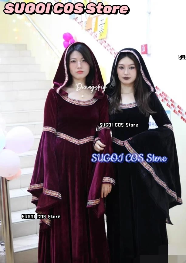 

Halloween Gothic Hoodie Witch Cosplay Costume Medieval Retro Women's Dresses Long Skirt Halloween Vampire Adult Role-play Suits