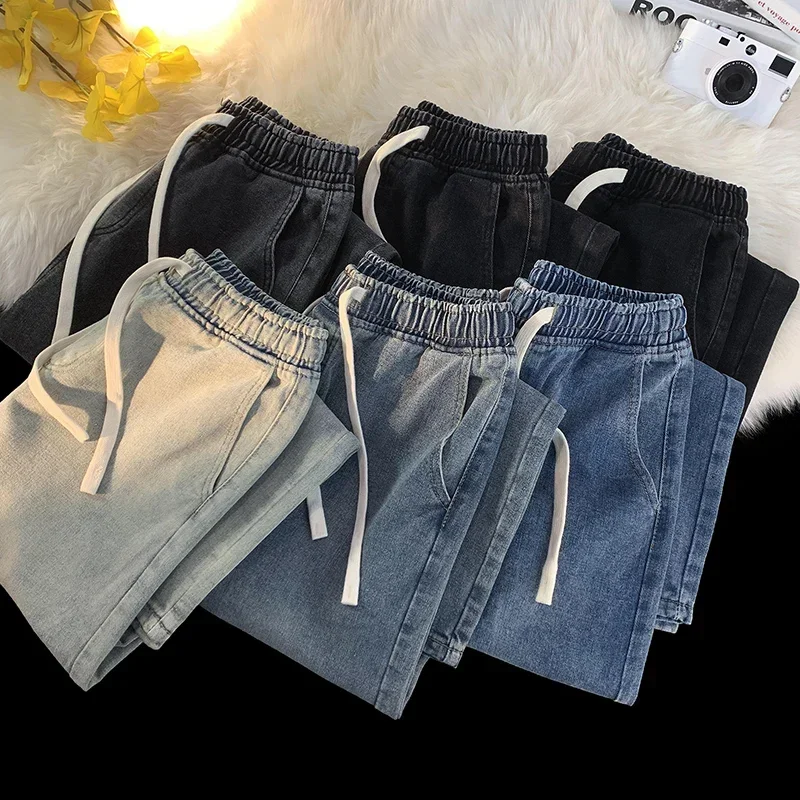 

Pop Casual Jeans Men's Baggy Straight Elastic Waist Drawstring Korea Fashion Male Vintage Denim Trousers Streetwear 3XL