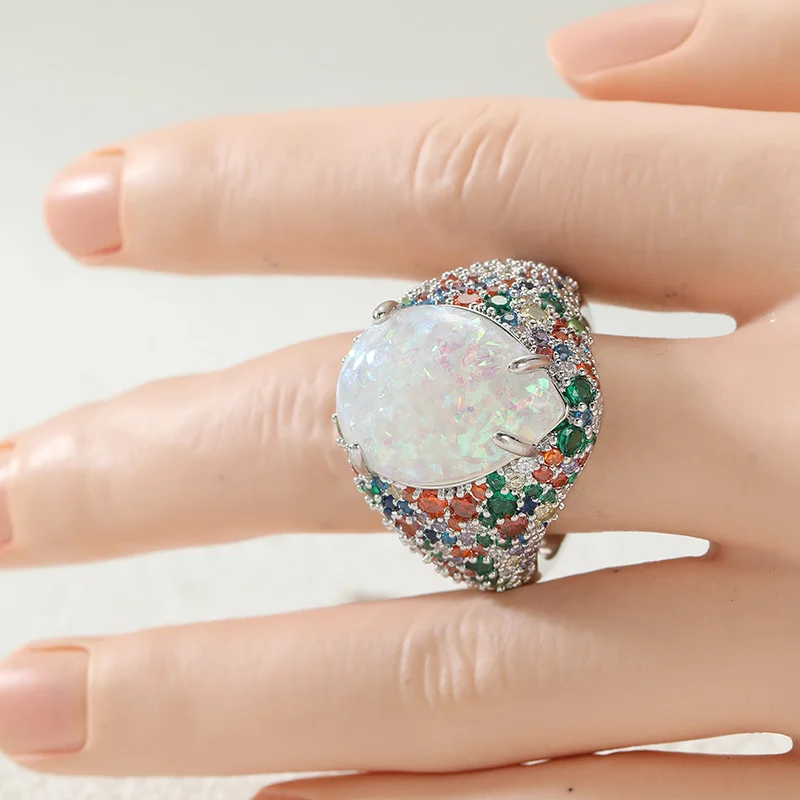 Luxury Wide Version Women's Ring  Surrounded By Colorful Synthetic Zircon Sparkling Cocktail Ring Exquisite and Elegant Jewelry