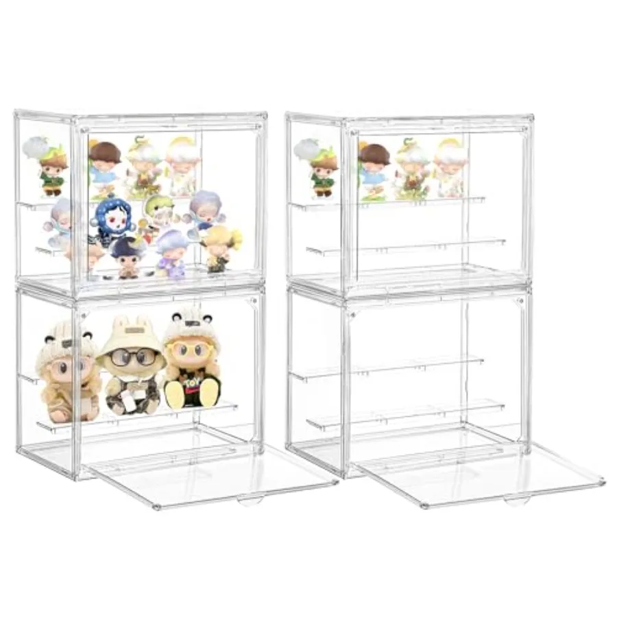Acrylic Display Case4 Pack 3 Layer Clear Display Case Adjustable Display Box Stand with 2 Movable Dividers Small Showcase Magne