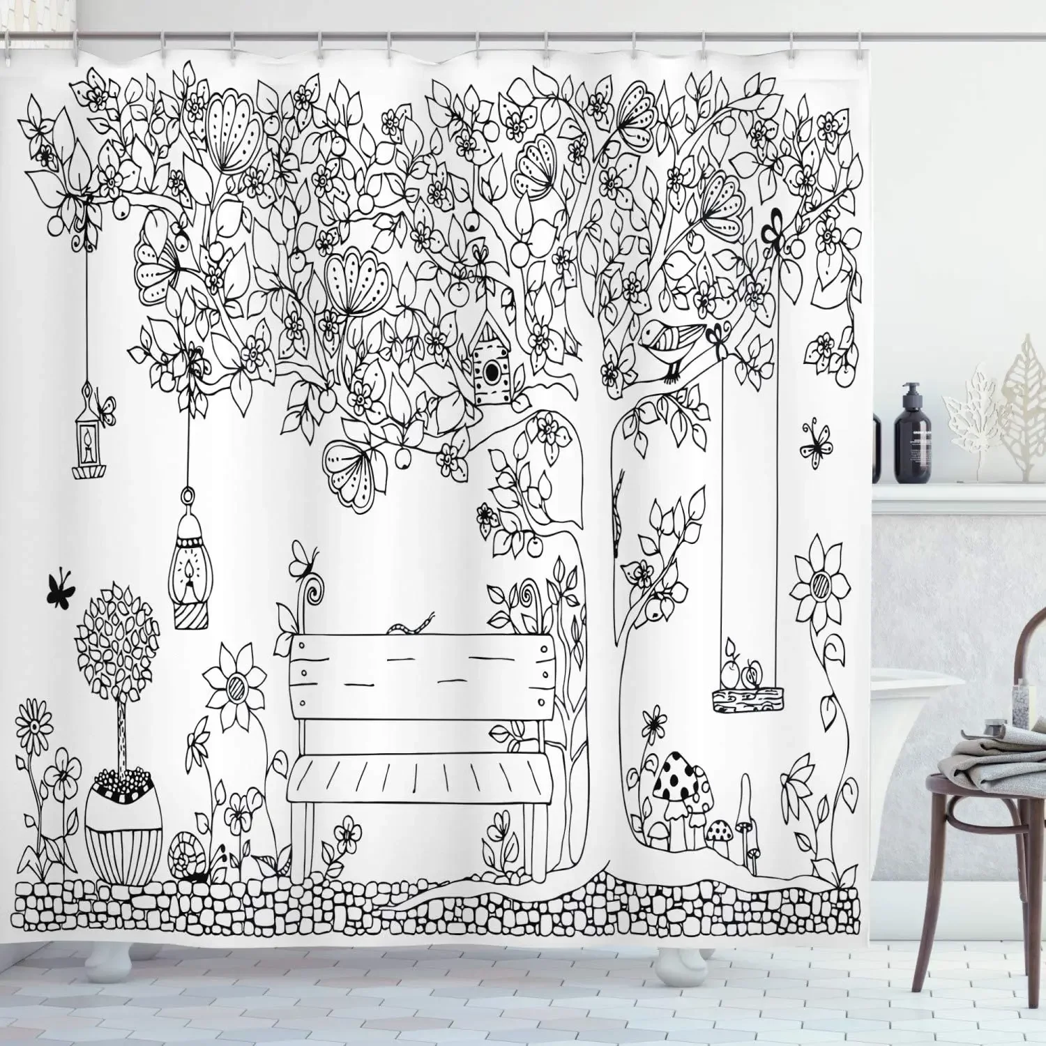 Floral Tree with Lanterns Butterflies and Swing in Garden Dream Space Illustration Cloth Fabric Bathroom Decor