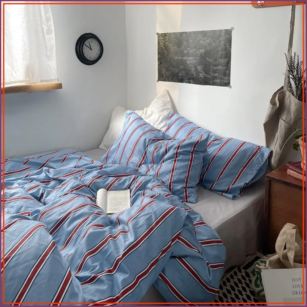 Blue & Red Stripe Duvet Cover Set Twin XL, 3 Piece 100% Cotton Bedding with Zipper