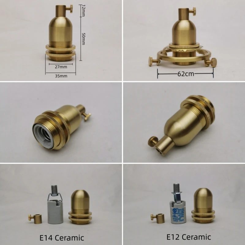 E14 Spiral Brass Light Sockets E12 Retro Ceiling Lamp Base Ceramic All Copper Accessories Lampshade Fixed Threaded Lamp Holder