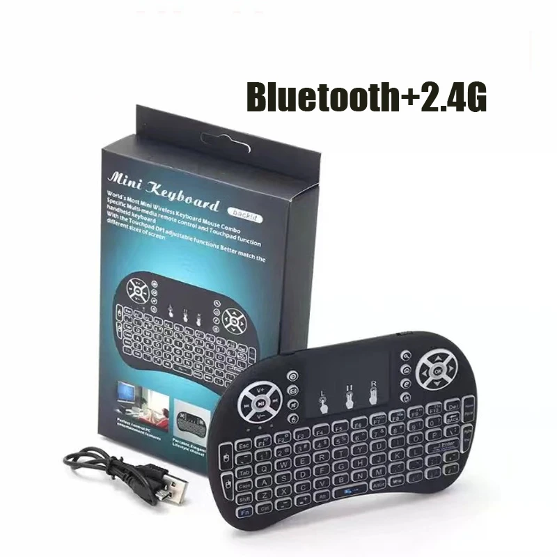 I8 Keyboard Mini Bluetooth nirkabel, papan ketik Mini 2.4G Lithium Backlit Air Mouse Touchpad jarak jauh untuk TV pintar PC IPad