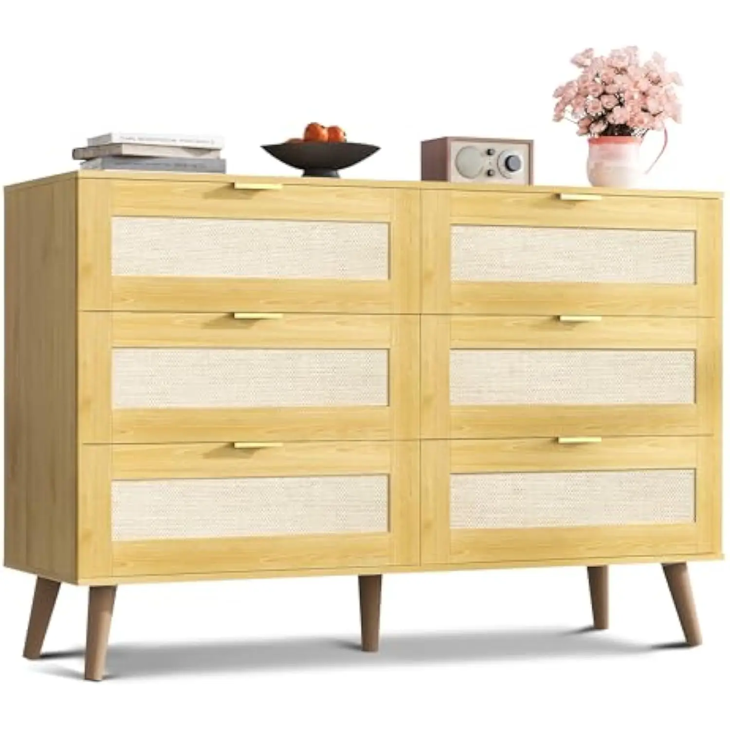 

Rattan dresser for bedroom, 6 drawer 47.24'' wide boho wood dresser, chest of drawers, gold metal handle, tv stand for 55 inch