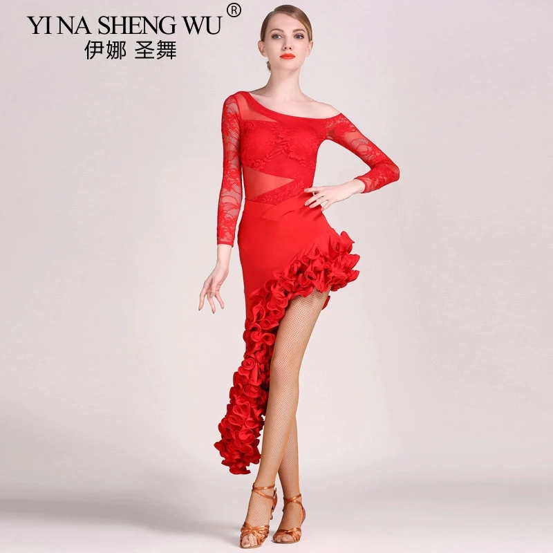 Nouvelle robe de danse latine femmes Sexy maille extensible à manches longues Style fendu robe latine salle de bal Tango Rumba Performance Costume