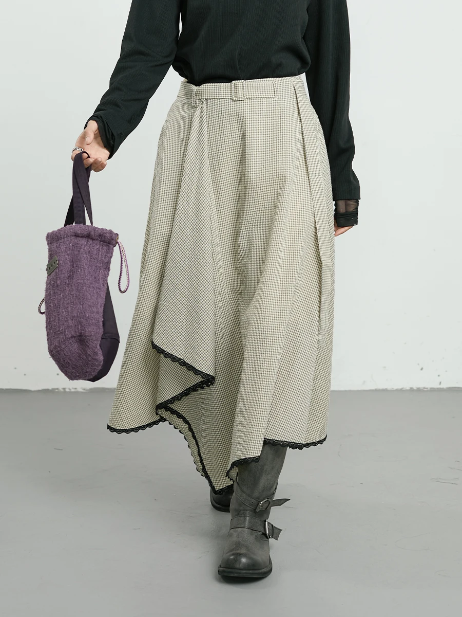 

Inkday Japanese Sle Light Retro Plaid f Skirt Women's Irregular Splicing Lace Hemline A-Line Skirt Casual High Waist