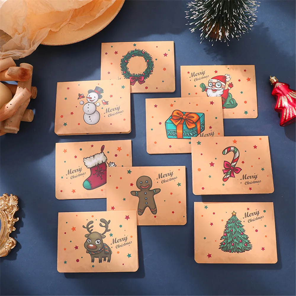 

9pcs Christmas Vintage Kraft Greeting Card Holiday Gift Greeting Card Blessing Card With Envelope Universal Christmas Card