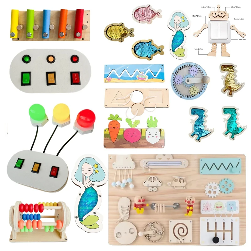 

New DIY Montessori Busy Board Accessories Educational Toys LED Lamp Drum gear Cart Skill Learning Wooden Game Busyboard Toy