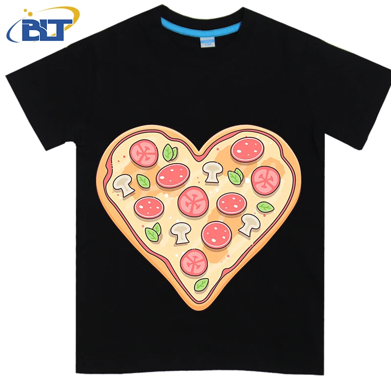 Camiseta infantil de manga curta estampada para pizza, tops de algodão infantil, roupas casuais para meninos e meninas, verão