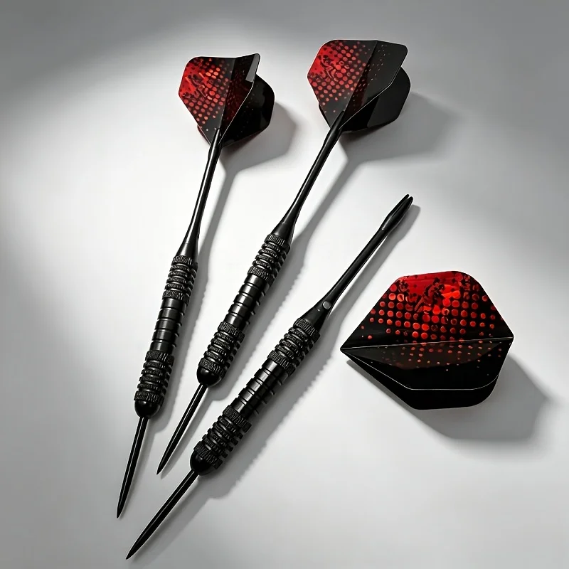 Three Simple Black Coated Iron Darts with Red Holographic Fly Edges, Aluminum Alloy Shafts, and anti Slip Dart Bodies.