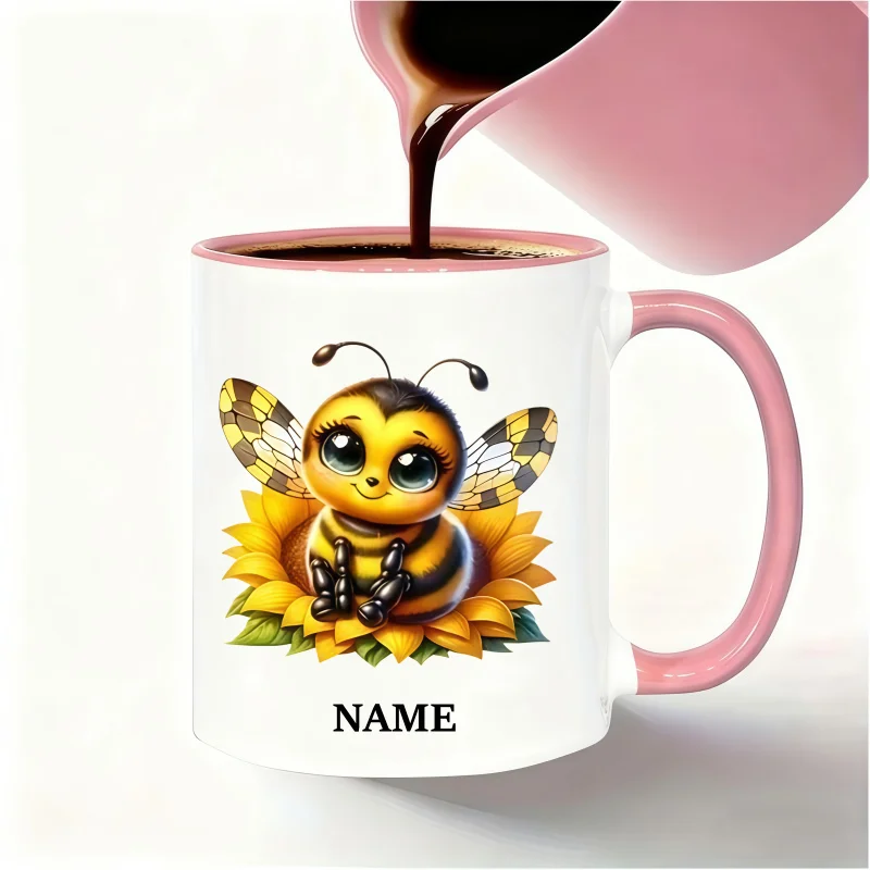 Customizable Name Mug - Cute Bee on Sunflower Design, Dishwasher Safe, Perfect Birthday & Holiday Gift