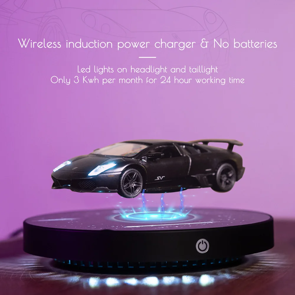 Carro magnético flutuante fundido, luzes led deslumbrantes, escala 1:36, ornamento de mesa, modelo de carro, brinquedo de levitação magnética deslumbrante