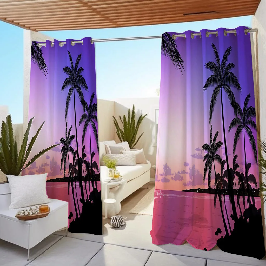 1 pc Outdoor Waterproof Oil-proofCurtains,Modern Sunshade Curtain Coconut Tree Natural Scenery Sky Print CurtainFor Living Room