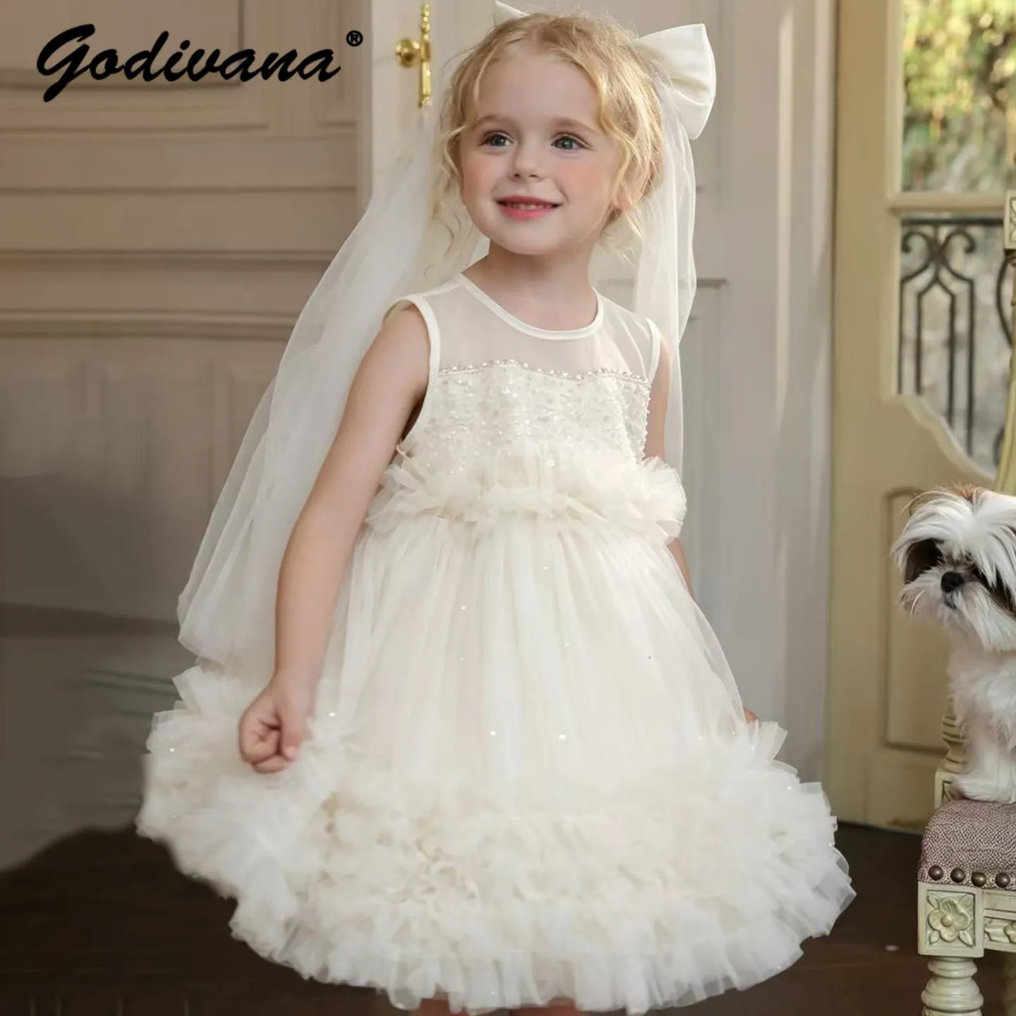 Sweet Baby Girls 2026 New Summer High End White Mesh Sequin Princess Sundress Kids Fluffy Tutu Stylish Birthday Party Ball Gown