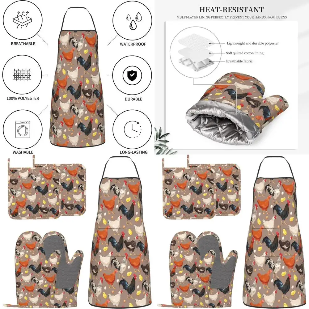 

Silicone Chicken-Themed Kitchen Set: 5-Piece Oven Mitts, Potholders, and Apron with Heat-Resistant Rooster & Hen Designs