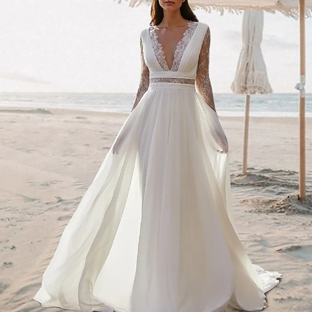 

Wedding Dress V Neck Long Sleeve Lace A Line Chiffon Bride Dress Elegant Bridal Gown Vintage Bridal Dress Wedding Gown For Bride