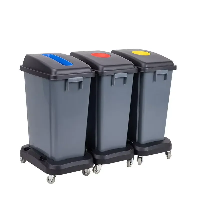 Large Capacity Plastic Trash Can With Wheels For Outdoor Kitchen Dry Wet Separation Three Compartment Household Waste Bin