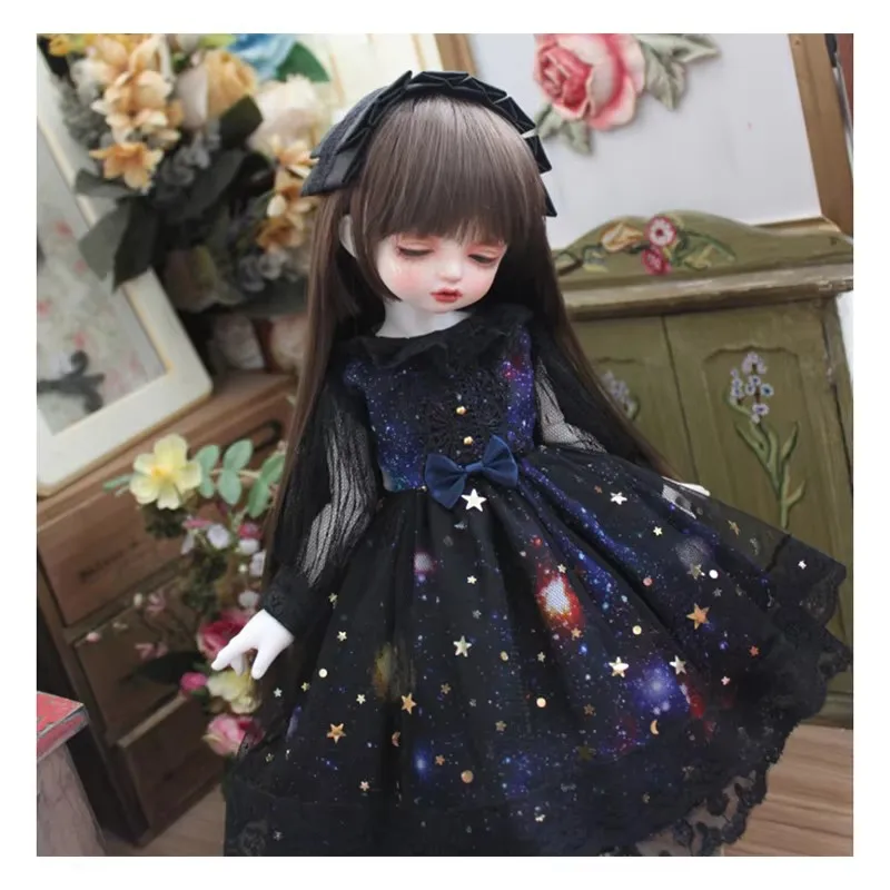 

Черное кружевное платье со звездами для куклы BJD + повязка для волос, подходит для кукол BJD SD Blyth 1/3 1/4 1/6, аксессуары